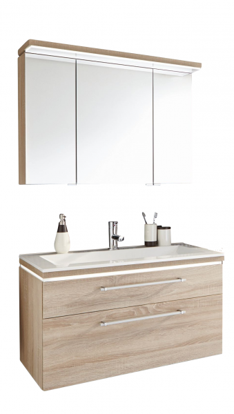 Puris Cool Line Badmöbel Set 92 cm - Spiegelschrank inkl. Gesimsboden mit LED-Flächenleuchte
